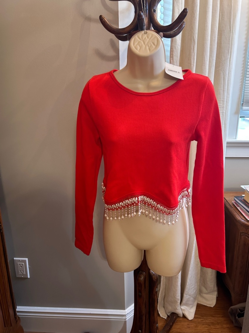 Forever 21 Red Long-Sleeve Crop Top with Faux Pearl Fringe Hem